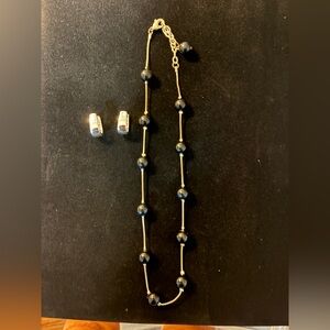 Elegant EUC Black Beaded Necklace and Earring Set Silvertone